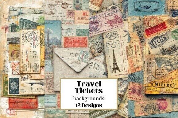 12 Vintage Travel Junk Journal Backgroun for Creative Projects