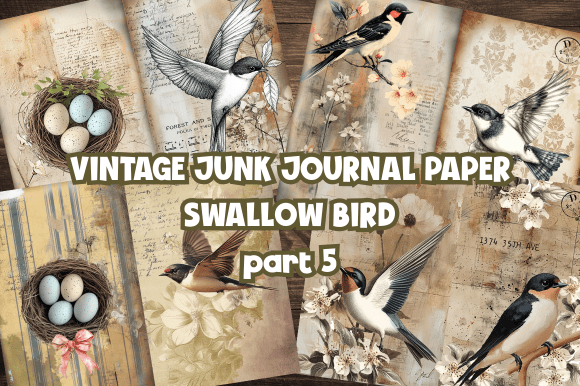 Charming Vintage Swallow Bird Junk Journal Paper